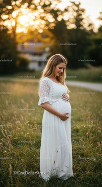 Pregnant Woman in White Dress at Sunset in Grassy Field