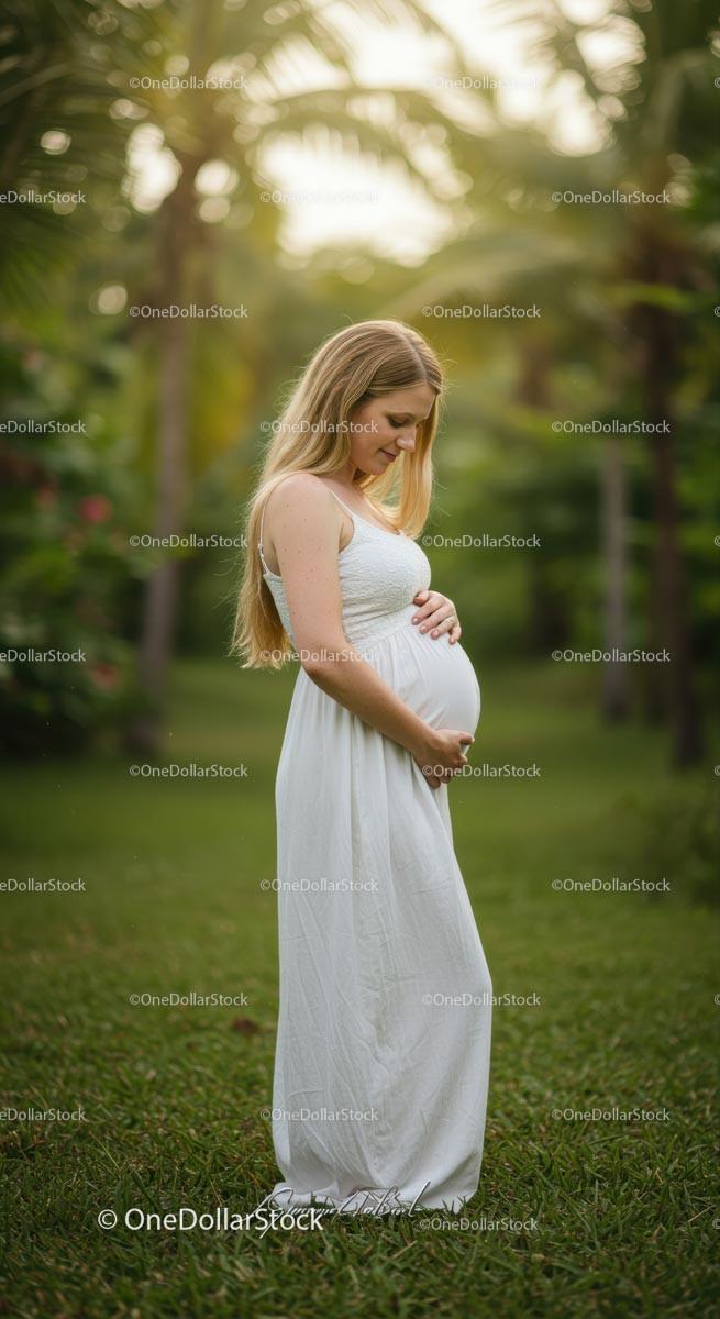 Pregnant Woman in White Dress Amidst Lush Greenery