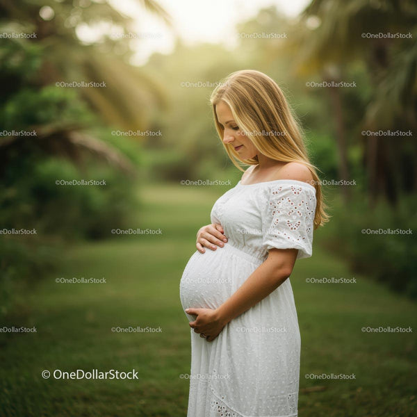 Pregnant Woman Standing Outdoors in White Dress