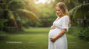 Expecting Mother in White Dress Amidst Lush Greenery