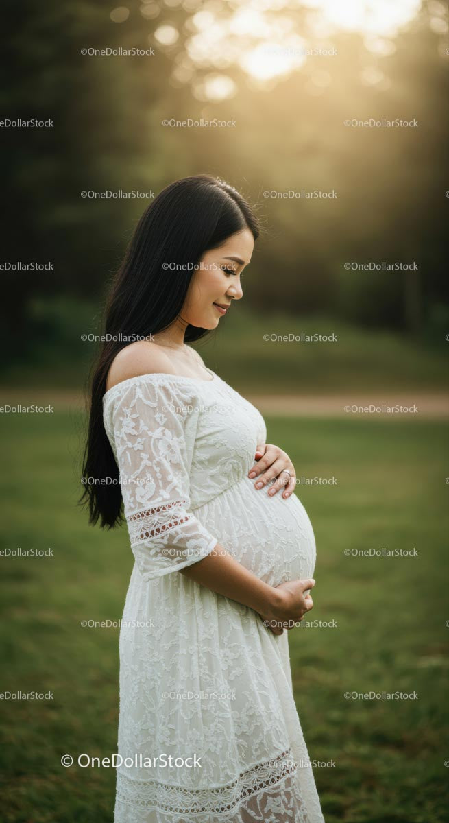 Przyszła mama w koronkowej sukience o zachodzie słońca w naturze