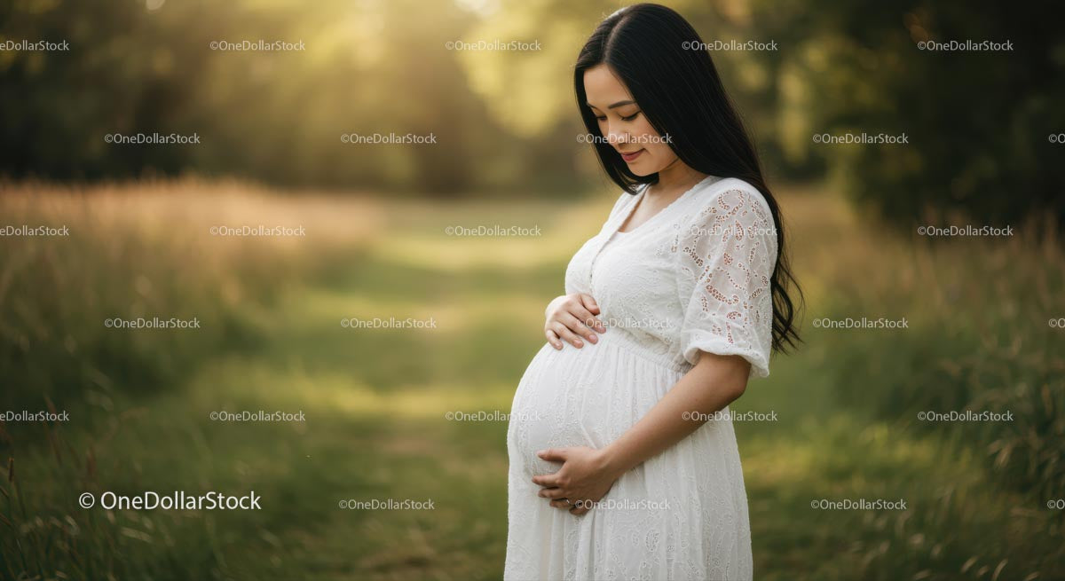 Pregnant Woman in White Dress in a Peaceful Meadow
