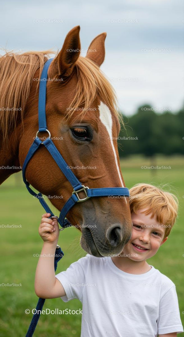 Smiling Child with Brown Horse in Green Field