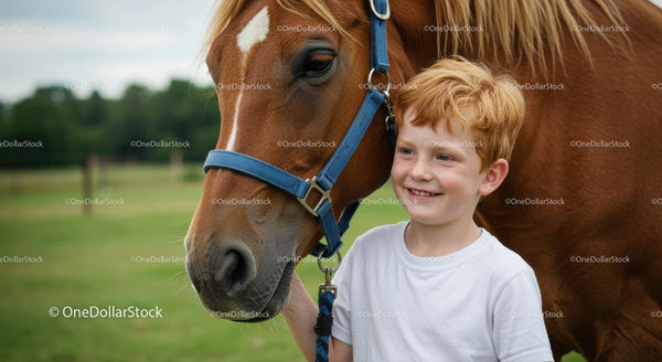 Smiling Boy with Brown Horse in Countryside Setting