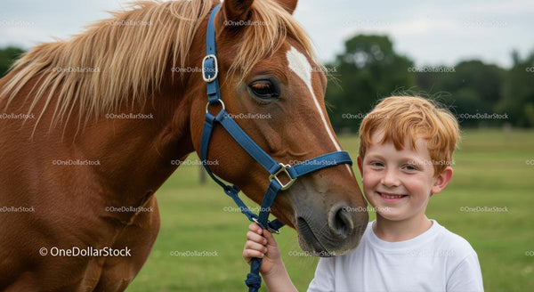 Smiling Red-Haired Boy with Brown Horse in Pasture