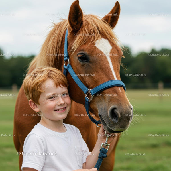 Child with Brown Horse in Countryside Setting