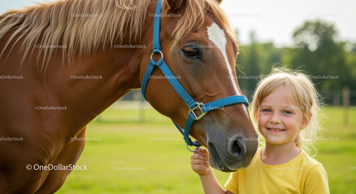 Smiling Child with Brown Horse on a Sunny Day