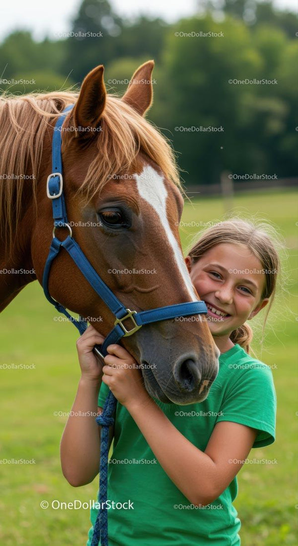 Smiling Girl Embracing a Chestnut Horse Outdoors