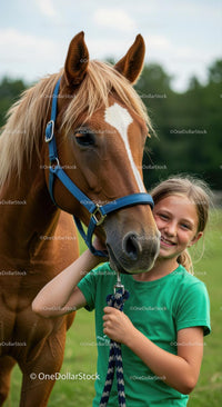 Girl Embracing Blonde Horse in Sunny Pasture