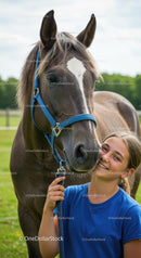 Smiling Teen with Her Beloved Brown Horse in a Green Field