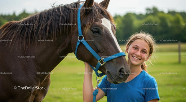 Smiling Girl with Horse in Sunny Pasture