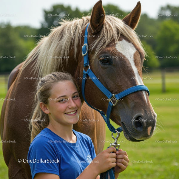 Smiling Girl with Brown Horse in Green Pasture