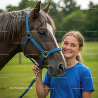Smiling Teenage Girl with Her Horse in a Green Field