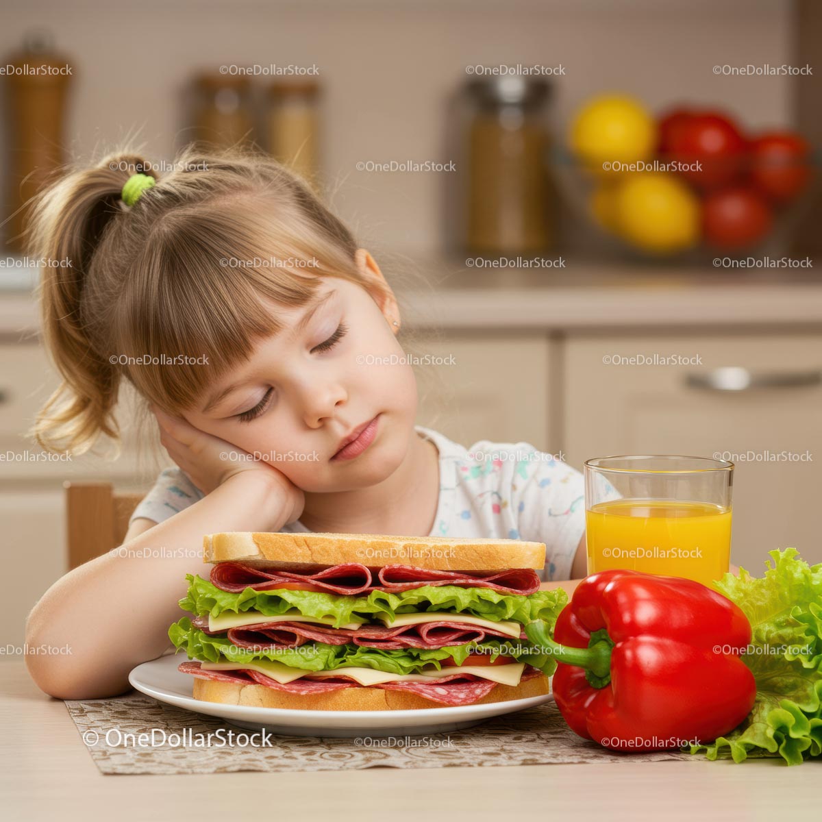 Sleepy Child Sitting with Large Sandwich and Fresh Juice