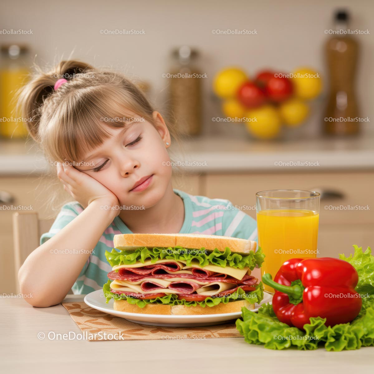 Sleepy Girl with a Giant Sandwich at Kitchen Table