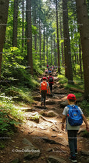 Children Hiking Through Sunlit Forest Trail