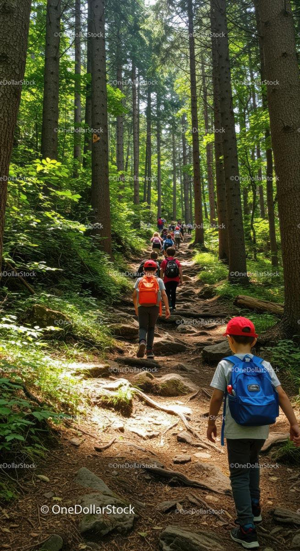 Children Hiking Through Sunlit Forest Trail