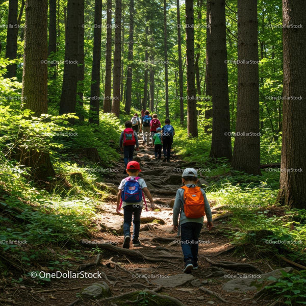 Children Hiking Through Lush Green Forest