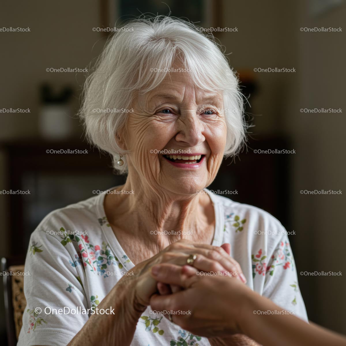 Smiling Elderly Woman Holding Hands in Emotional Connection