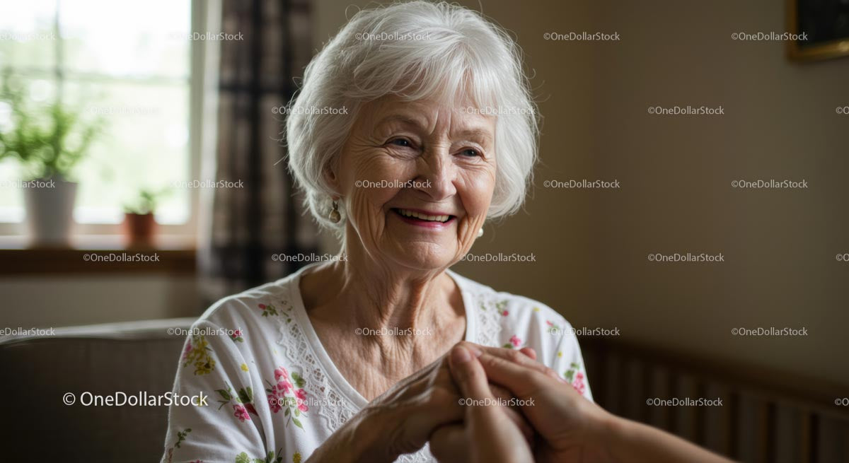 Elderly Woman Smiling and Holding Hands in a Cozy Home