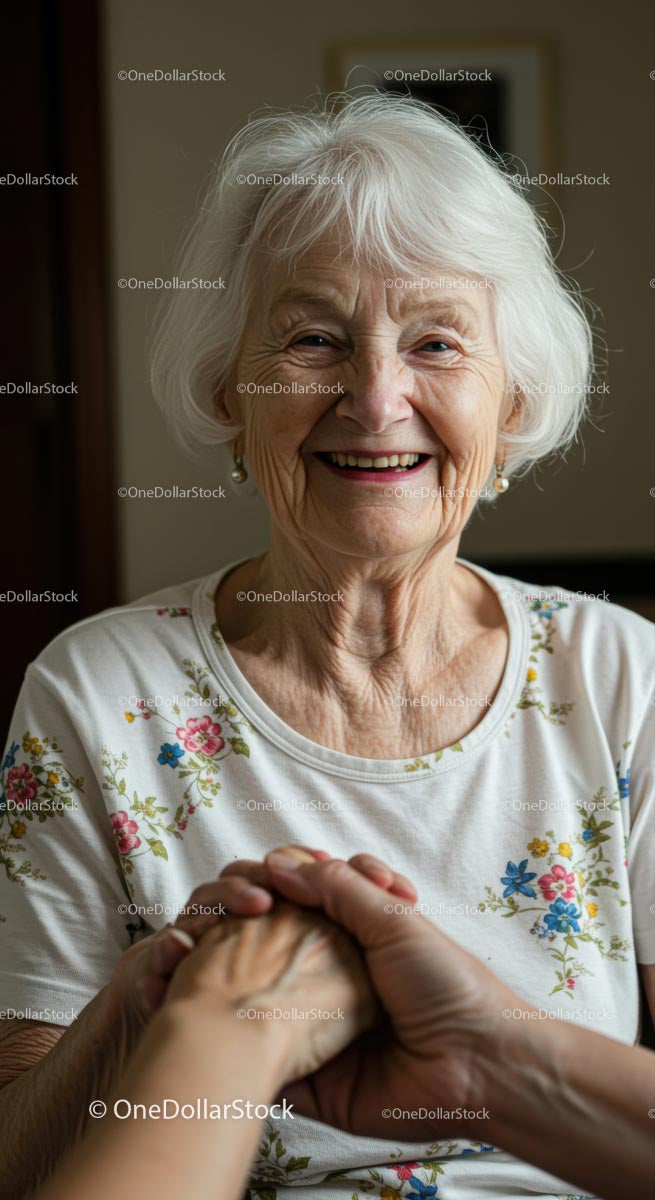 Joyful Elderly Woman Holding Hands in a Caregiving Moment