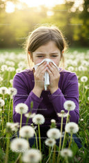 Child Sneezing in Dandelion Field During Spring