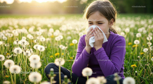 Girl with Allergy Sneezing in Dandelion Field