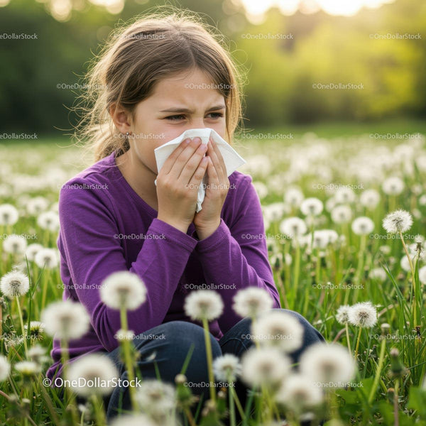 Girl Sneezing in a Dandelion Field During Springtime