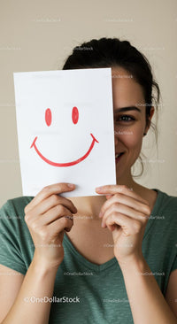 Young Woman Holding a Smiley Face Drawing
