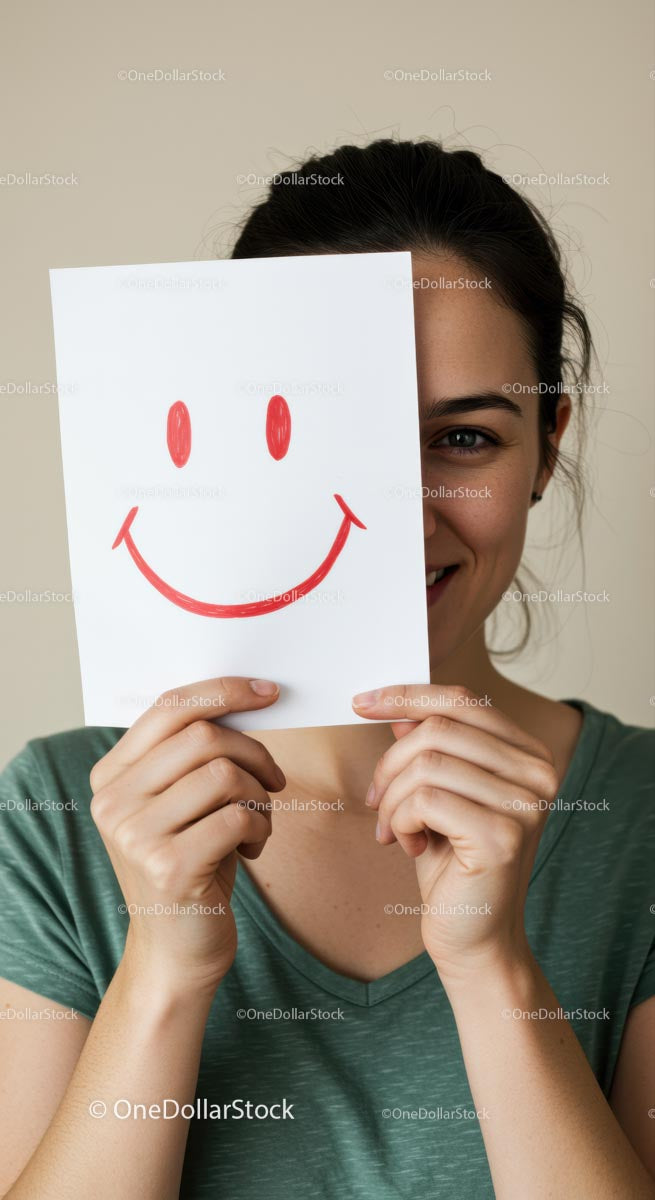 Young Woman Holding a Smiley Face Drawing