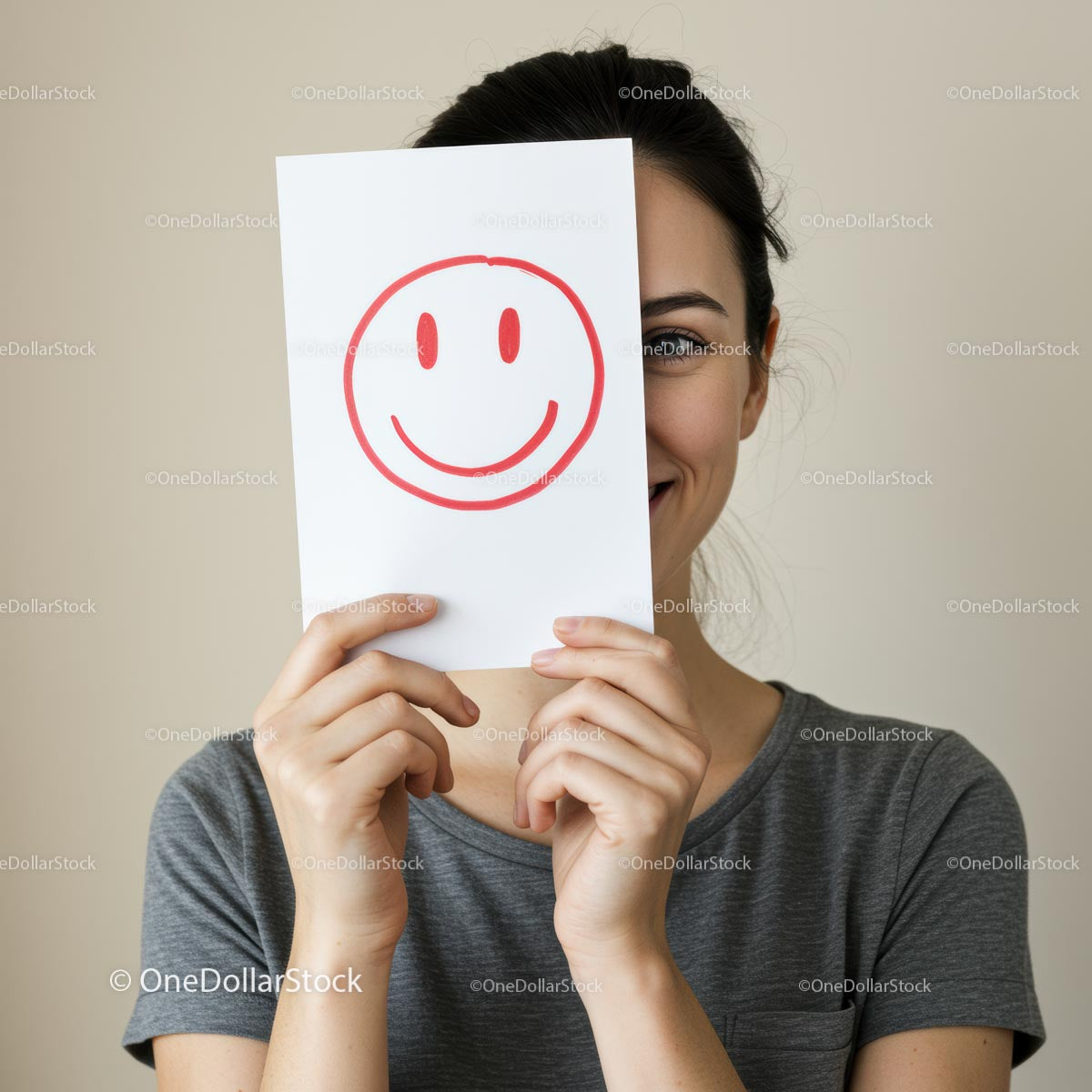 Woman Hiding Face with Smiley Drawing