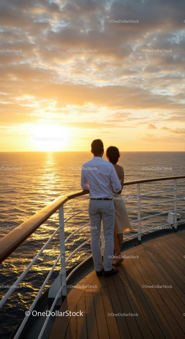 Romantic Couple Embracing on Cruise Ship at Sunset