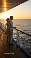 Romantic Couple Enjoying Sunset on Cruise Ship Deck