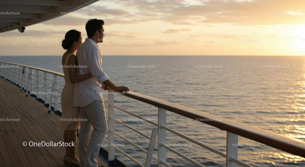 Romantic Couple Enjoying Sunset on Cruise Ship