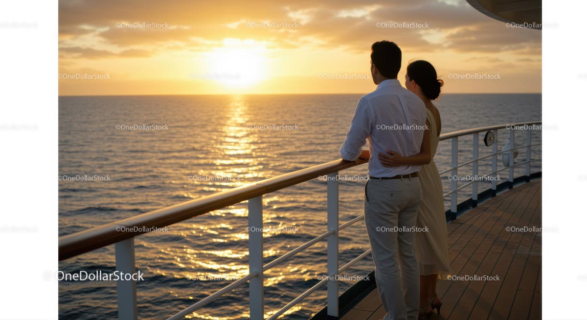 Couple Embracing Sunset Views on Luxury Cruise