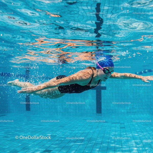 Female Swimmer in Action Underwater at Swimming Pool