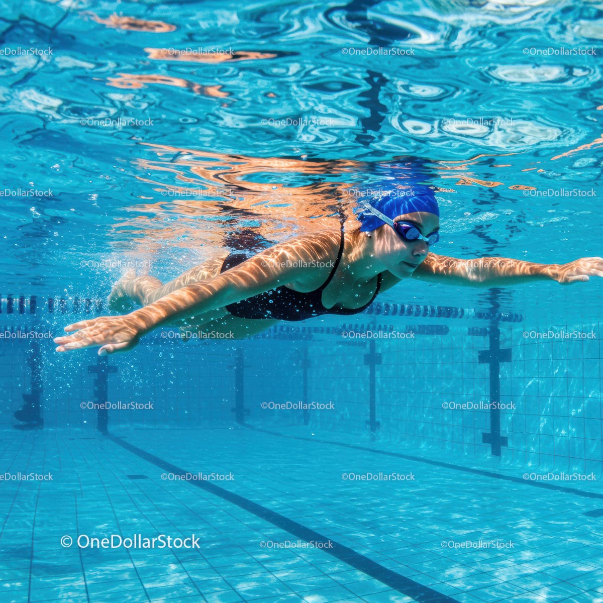 Female Swimmer Practicing Underwater in Blue Pool