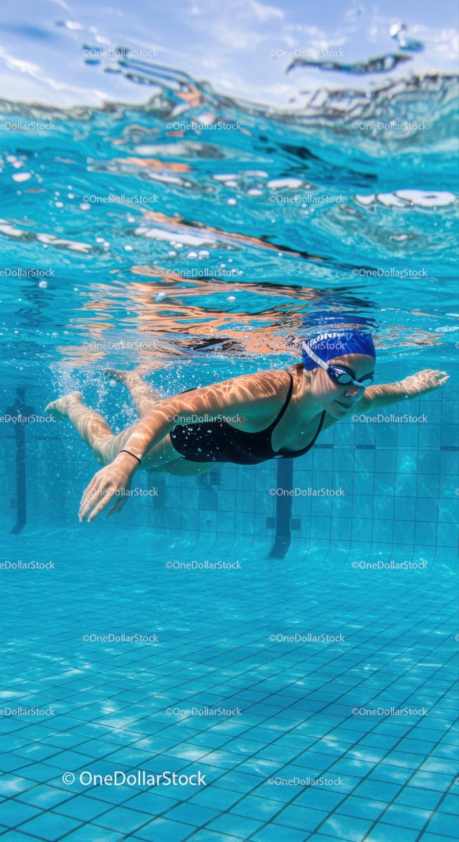 Professional Female Swimmer Underwater in Blue Pool