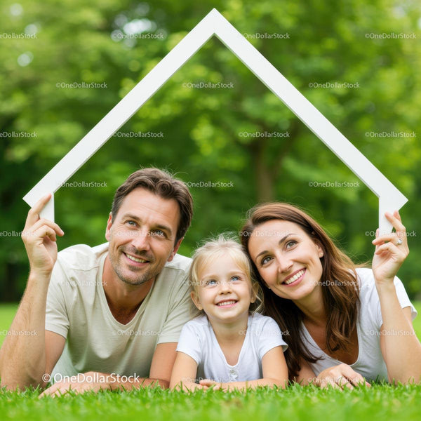 Happy Family Lying on Grass Under a Home Frame
