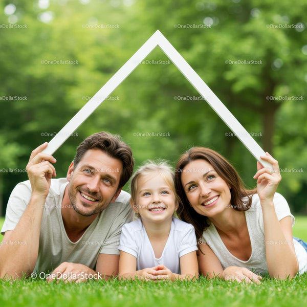 Happy Family Enjoying Time Outdoors Under House Shape