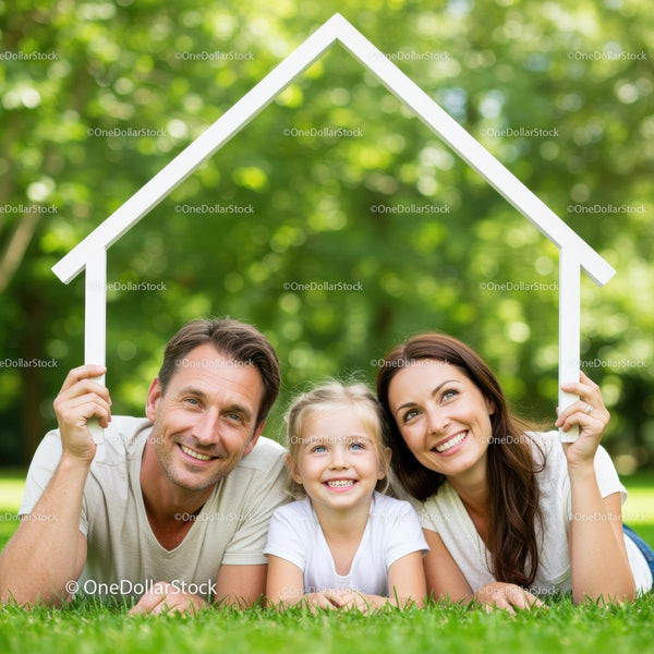 Happy Family Lying on Green Grass with House Frame