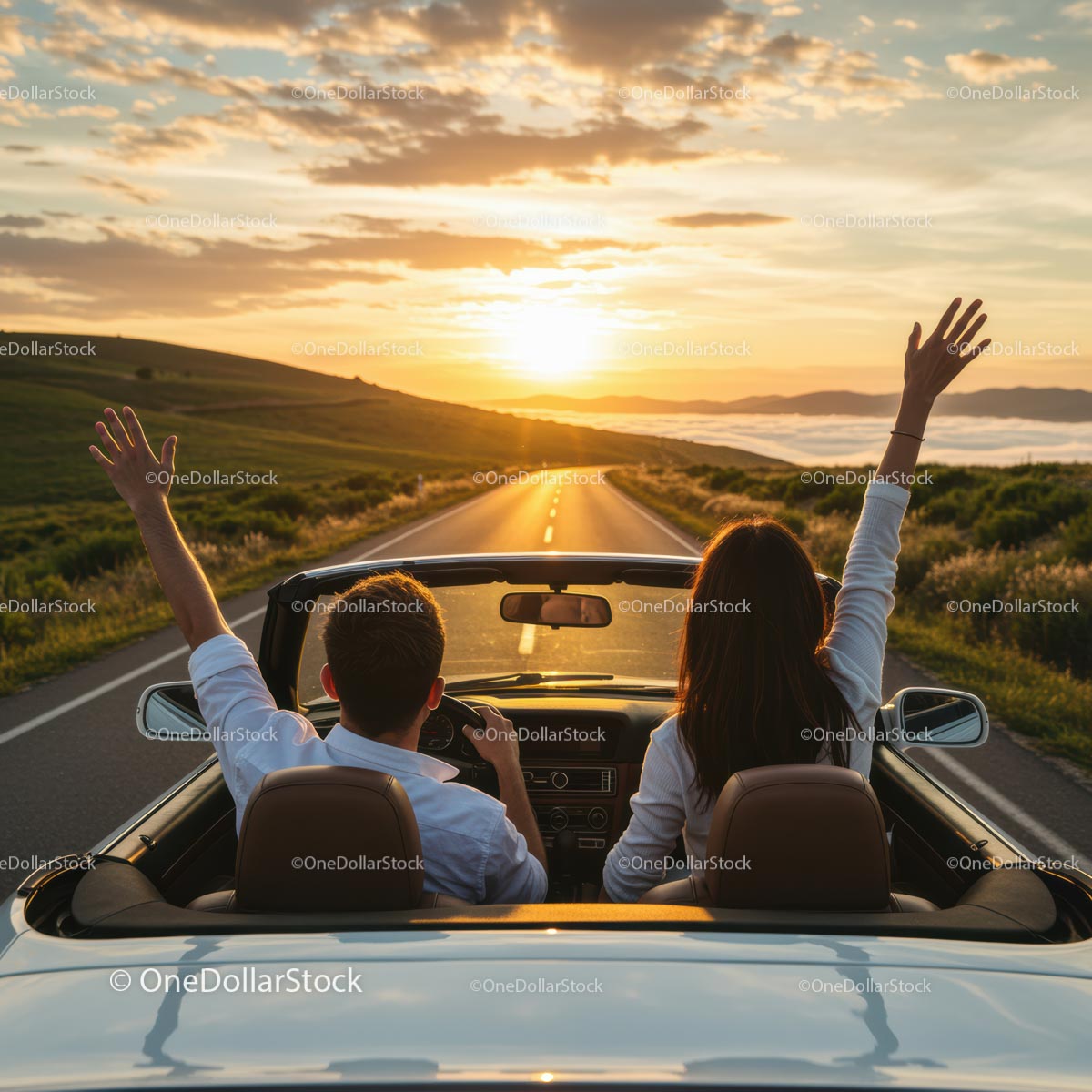 Couple on Scenic Sunset Drive in Convertible Car
