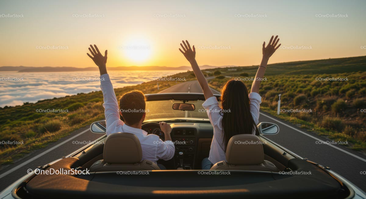 Couple Enjoying a Scenic Convertible Drive at Sunset
