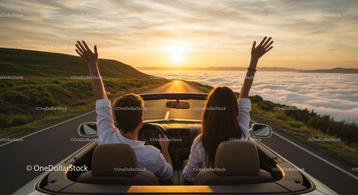 Couple Enjoying Sunset Drive in Convertible Car