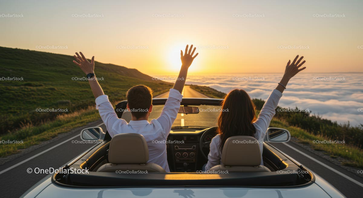Couple Enjoying Sunset Drive in Convertible Car
