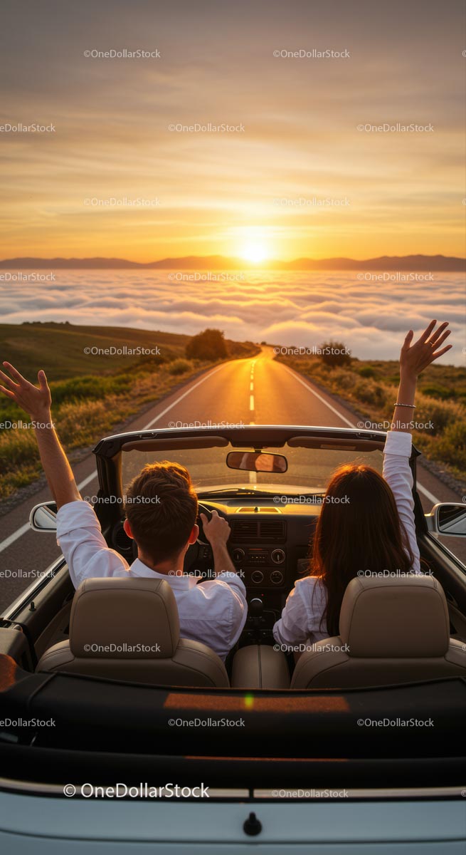 Couple in Convertible Enjoying Scenic Sunset Drive
