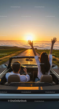 Couple Enjoying a Sunset Drive in a Convertible
