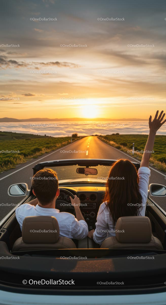 Couple Driving a Convertible into Sunset