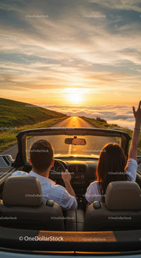 Couple Enjoying Sunset Drive in Convertible Car