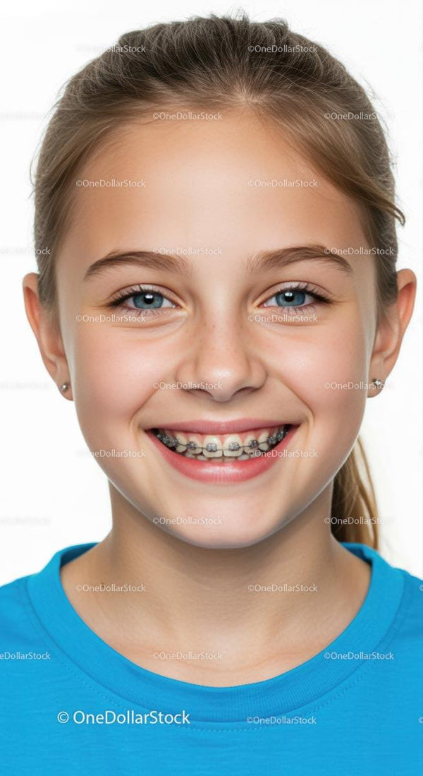 Smiling Girl with Braces and Blue Eyes